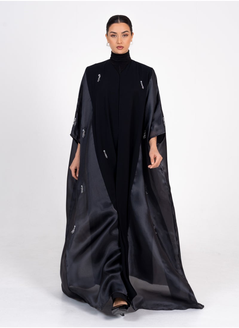 Rosette Abaya Royal Black Bisht with hand Embroidery  - Image 1