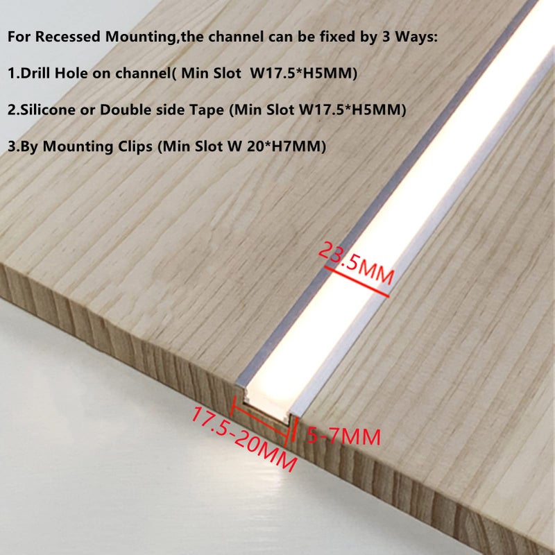 THMOOTHER Recessed LED Strip Channel Diffuser 10-Pack 6.56FT,23.5X7MM LED Tape Aluminum Track with Flange,Flush Mounted Wardrobe Bookcase Wine Cabinet Wooden Furniture Groove Integrated Low Profile - Image 4