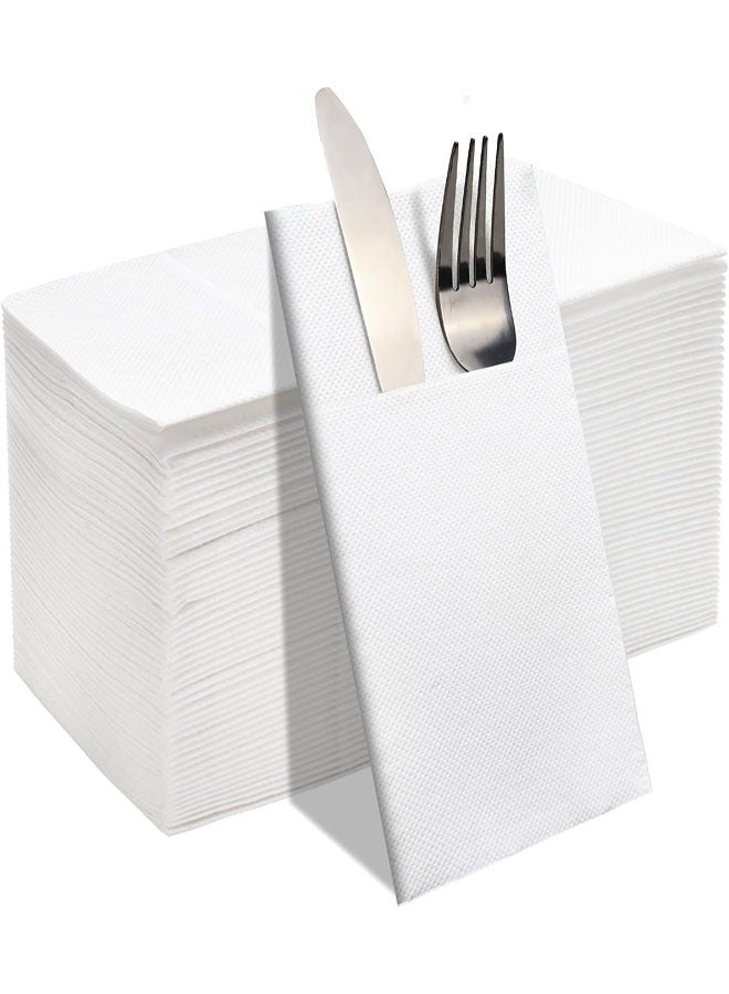 مناديل قماشية يمكن التخلص منها، 50 قطعة، جيب مدمج لأدوات المائدة، مطوية مسبقًا لأدوات المائدة الفضية، ملمس قماش أبيض لحفلات الزفاف والمناسبات، 16 × 16 بوصة - Image 2