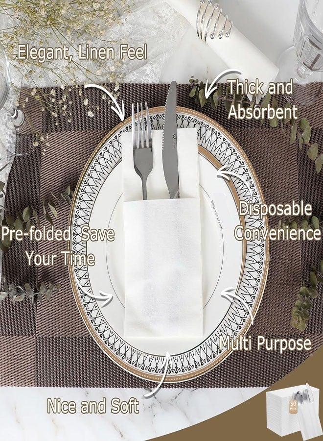 مناديل قماشية يمكن التخلص منها، 50 قطعة، جيب مدمج لأدوات المائدة، مطوية مسبقًا لأدوات المائدة الفضية، ملمس قماش أبيض لحفلات الزفاف والمناسبات، 16 × 16 بوصة - Image 3