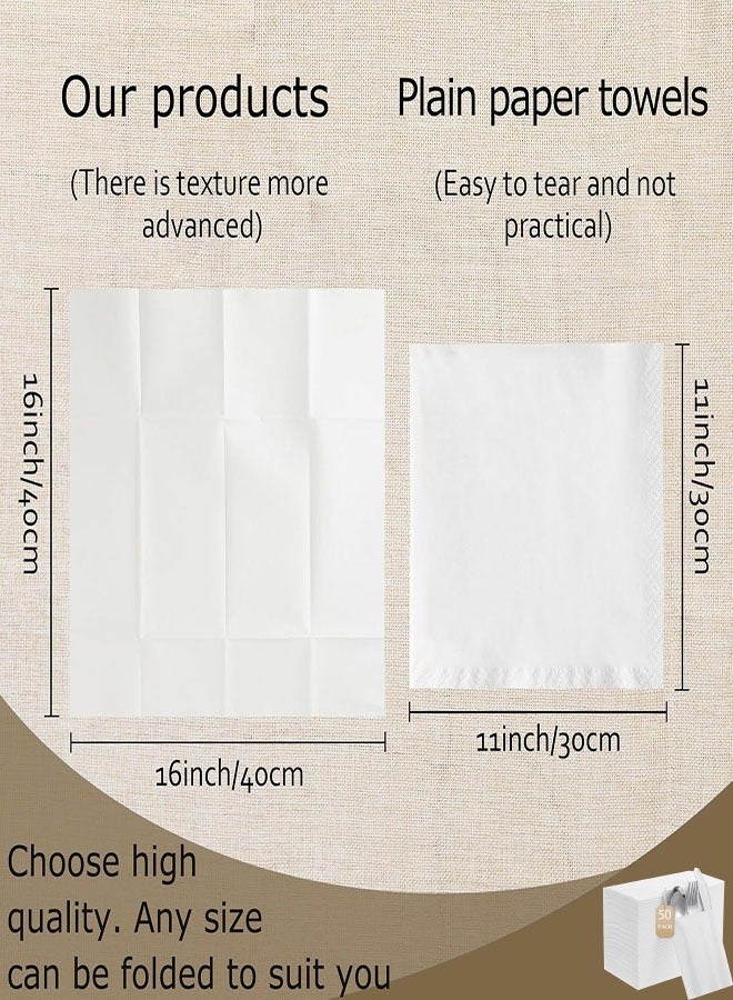 مناديل قماشية يمكن التخلص منها، 50 قطعة، جيب مدمج لأدوات المائدة، مطوية مسبقًا لأدوات المائدة الفضية، ملمس قماش أبيض لحفلات الزفاف والمناسبات، 16 × 16 بوصة - Image 4