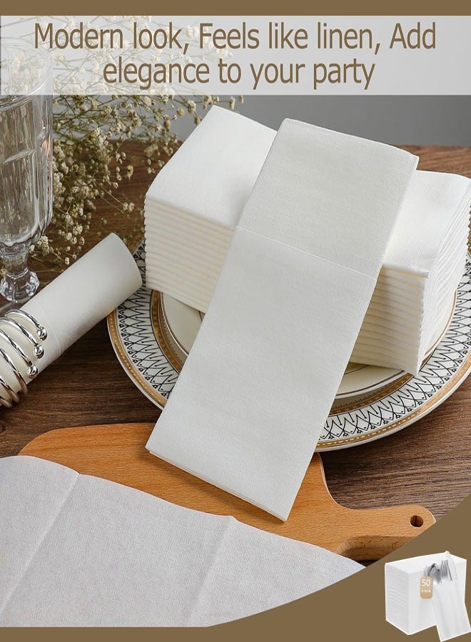 مناديل قماشية يمكن التخلص منها، 50 قطعة، جيب مدمج لأدوات المائدة، مطوية مسبقًا لأدوات المائدة الفضية، ملمس قماش أبيض لحفلات الزفاف والمناسبات، 16 × 16 بوصة - Image 5