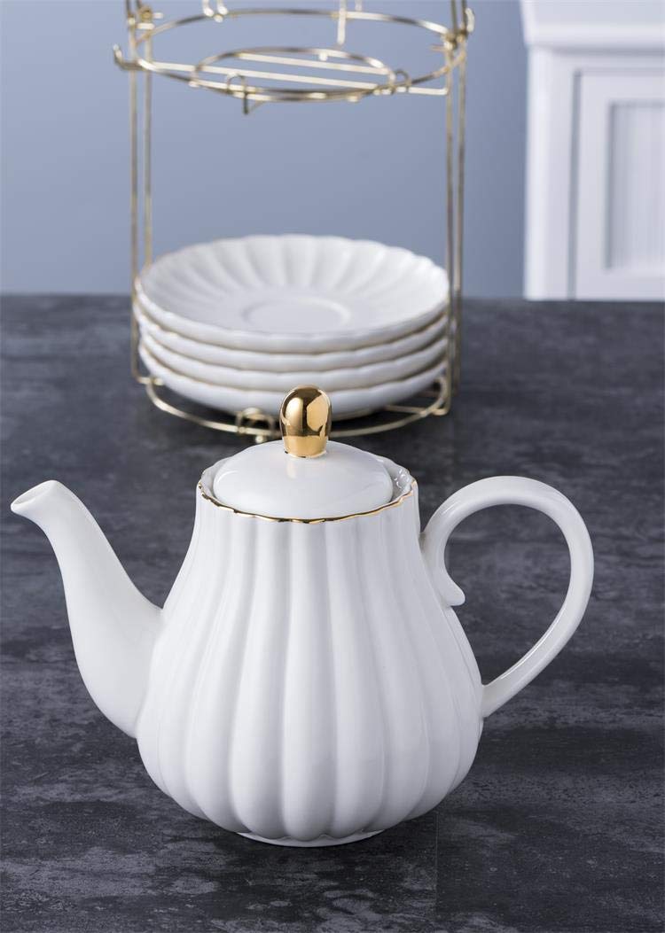 Jusalpha Serve for 6- Fine China White Coffee Cup/Teacup Set, 8 OZ Cups& Saucer, with Teapot-Sugar Bowl-Cream Pitcher Teaspoons and tea strainer for Tea/Coffee (White, Serve of 6) - Image 3