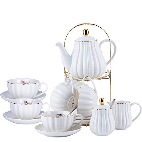 Jusalpha Serve for 6- Fine China White Coffee Cup/Teacup Set, 8 OZ Cups& Saucer, with Teapot-Sugar Bowl-Cream Pitcher Teaspoons and tea strainer for Tea/Coffee (White, Serve of 6) - Image 1