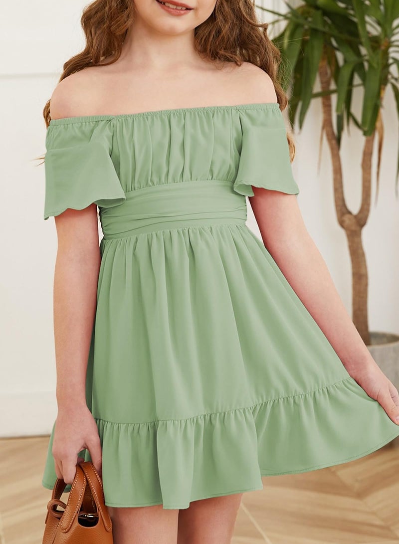 blibean Girls Summer Tie Back Dress Tween Kids Casual Boho Cold Shoulder Cute Dresses Ruffle Party Outfit Short Sleeve Tulle Vestidos NiÃ±as Size 12-13 Years Old Light Green - Image 4