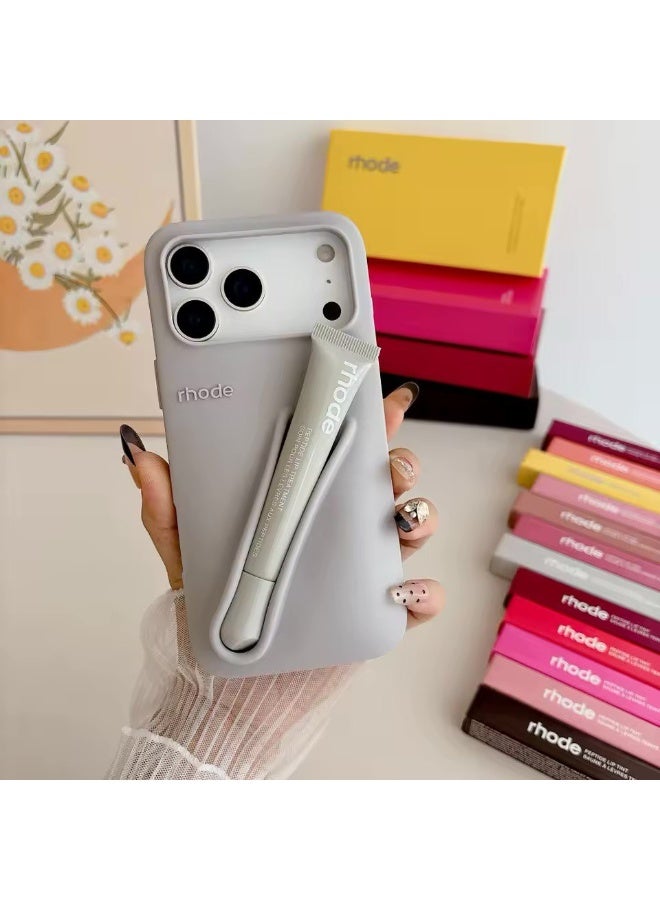 rhode Lip Gloss Phone Case with Lip Tint, For iPhone Case Liquid Silicone Camera Protection Lipstick Lip Glaze Phone Case for iPhone 17 Pro (Gray)
