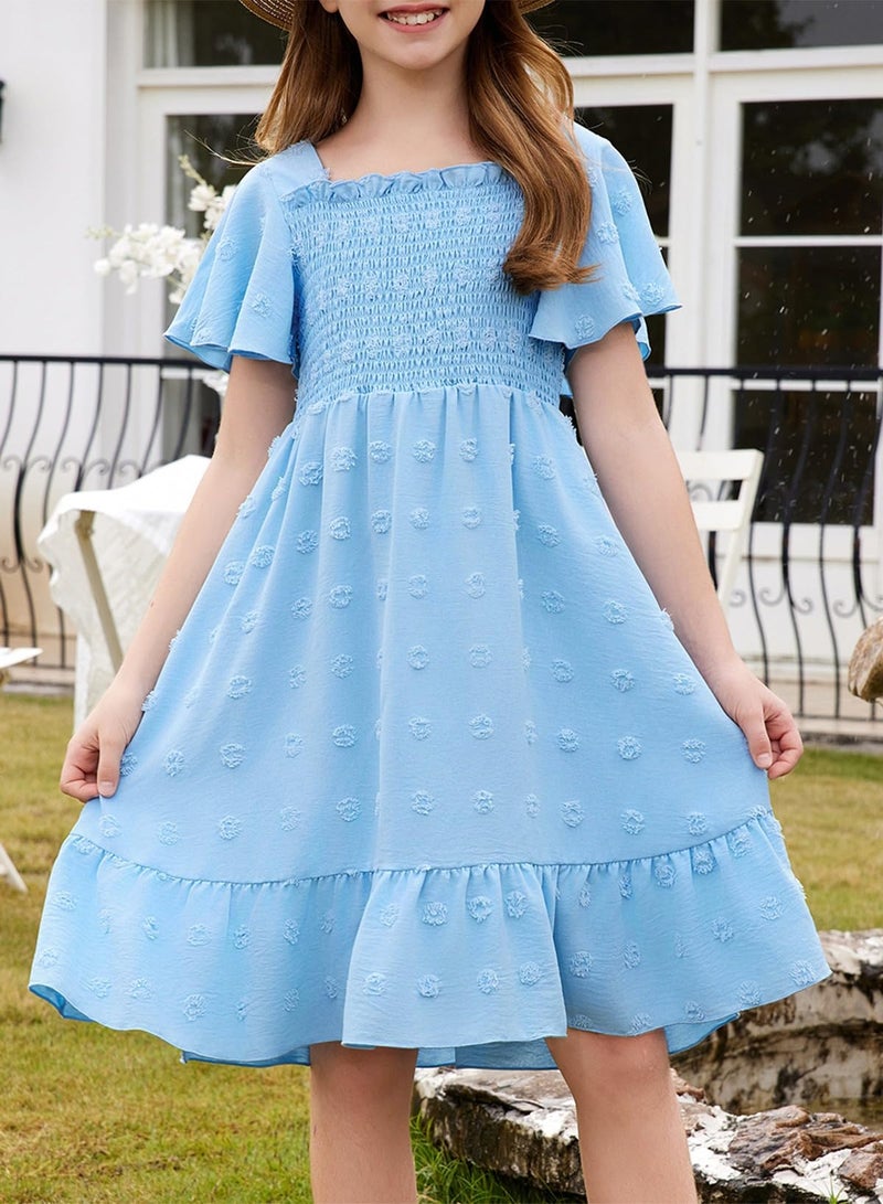 blibean Tween Girls Summer Dress Teen Girl Chiffon Flower Boho Dresses Big Kids Bell Short Sleeve Cute Clothes Tutu Polka Dots Easter Vestidos NiÃ±as Size 12-13 Years Old Sky Blue - Image 2