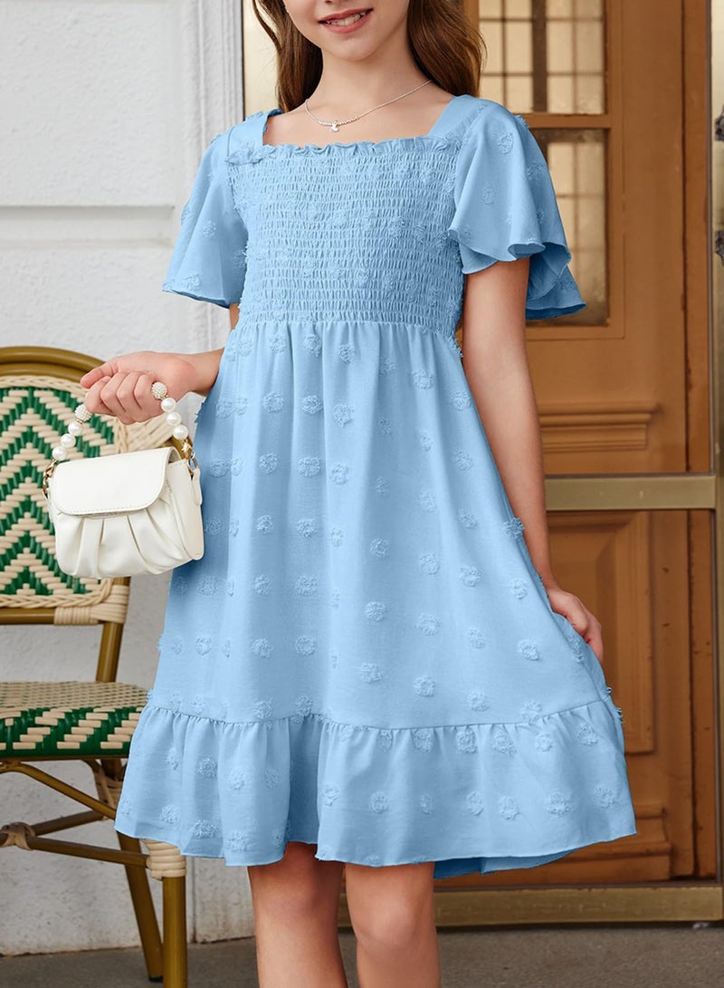 blibean Tween Girls Summer Dress Teen Girl Chiffon Flower Boho Dresses Big Kids Bell Short Sleeve Cute Clothes Tutu Polka Dots Easter Vestidos NiÃ±as Size 12-13 Years Old Sky Blue - Image 5