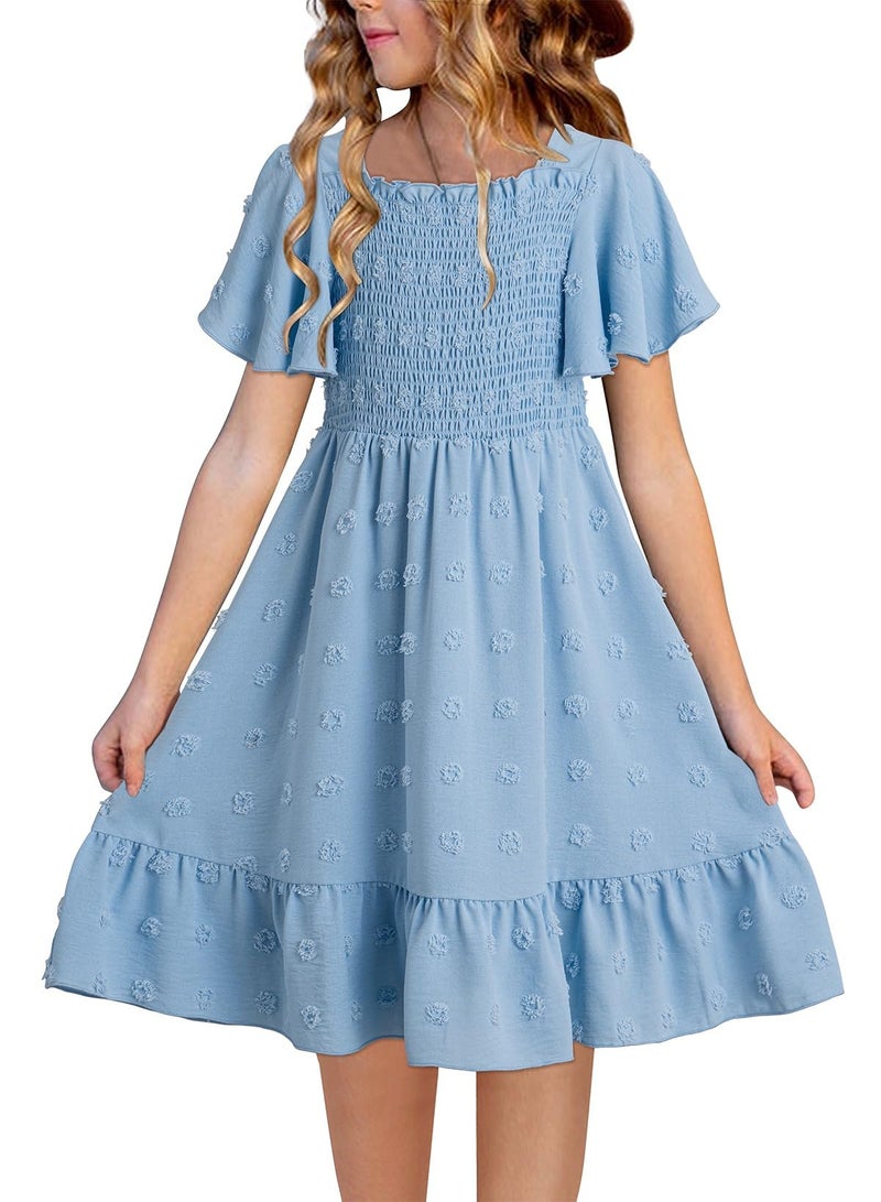 blibean Tween Girls Summer Dress Teen Girl Chiffon Flower Boho Dresses Big Kids Bell Short Sleeve Cute Clothes Tutu Polka Dots Easter Vestidos NiÃ±as Size 12-13 Years Old Sky Blue - Image 1