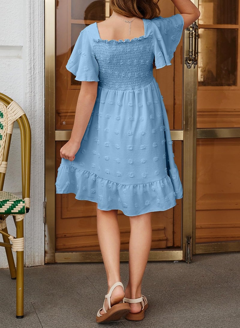blibean Tween Girls Summer Dress Teen Girl Chiffon Flower Boho Dresses Big Kids Bell Short Sleeve Cute Clothes Tutu Polka Dots Easter Vestidos NiÃ±as Size 12-13 Years Old Sky Blue - Image 3