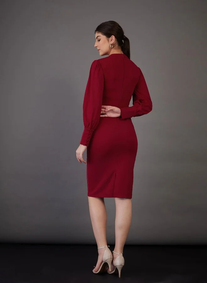 SASSAFRAS Red High Neck Puff Sleeves Sheath Dress for Women