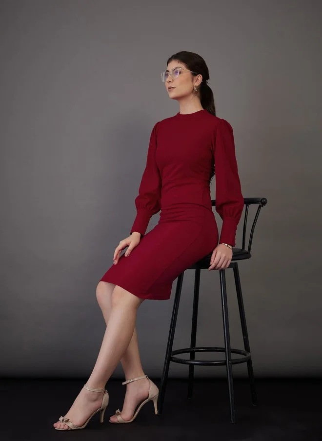 SASSAFRAS Red High Neck Puff Sleeves Sheath Dress for Women