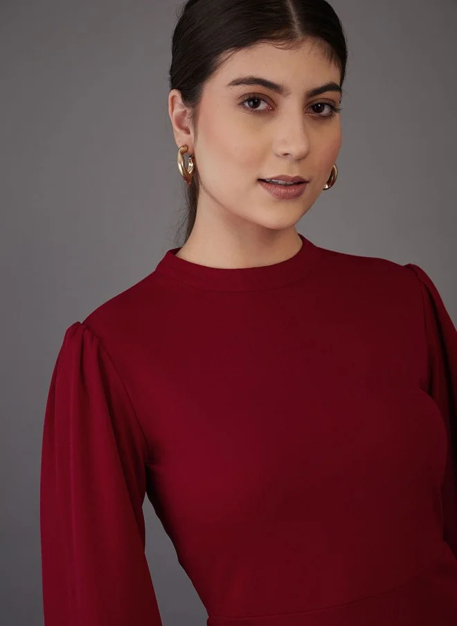 SASSAFRAS Red High Neck Puff Sleeves Sheath Dress for Women