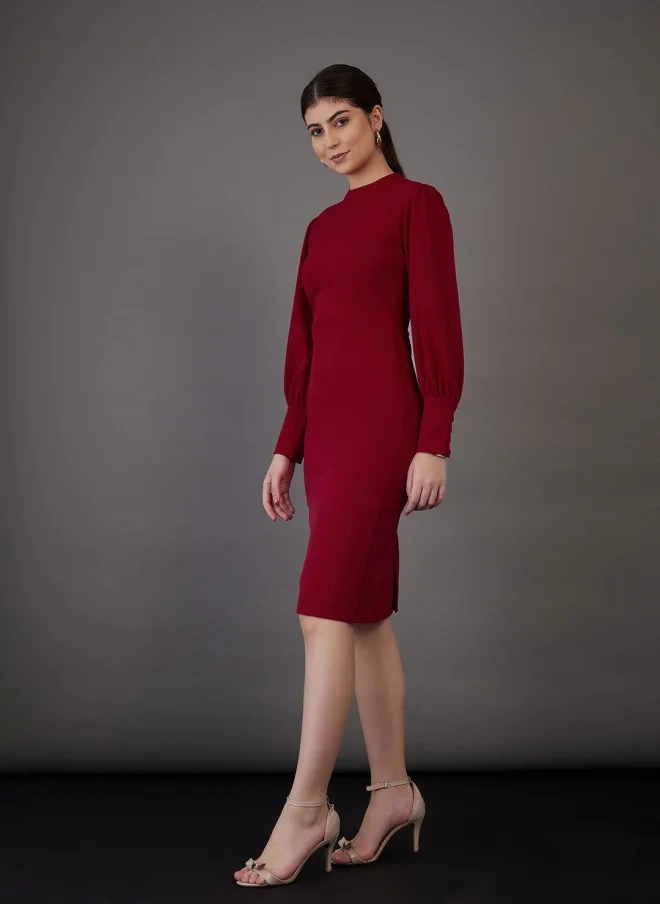 SASSAFRAS Red High Neck Puff Sleeves Sheath Dress for Women