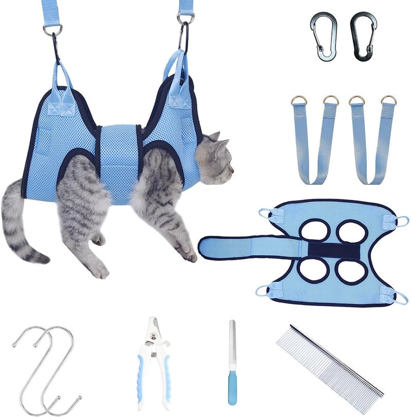 Cat Grooming Hammock with Nail Care Kit, Cat and dog grooming hammock, Blue Mesh Double-Layer Support Harness, S/M/L Sizes, with Nail Clipper, Comb and Safety Belt (S) - Image 1