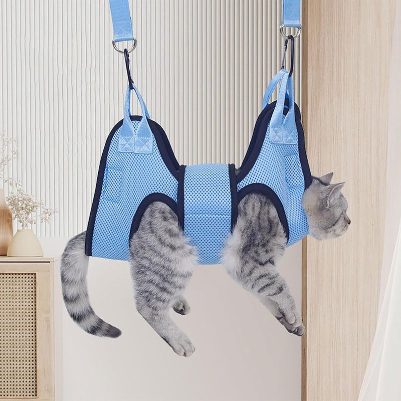 Cat Grooming Hammock with Nail Care Kit, Cat and dog grooming hammock, Blue Mesh Double-Layer Support Harness, S/M/L Sizes, with Nail Clipper, Comb and Safety Belt (S) - Image 2