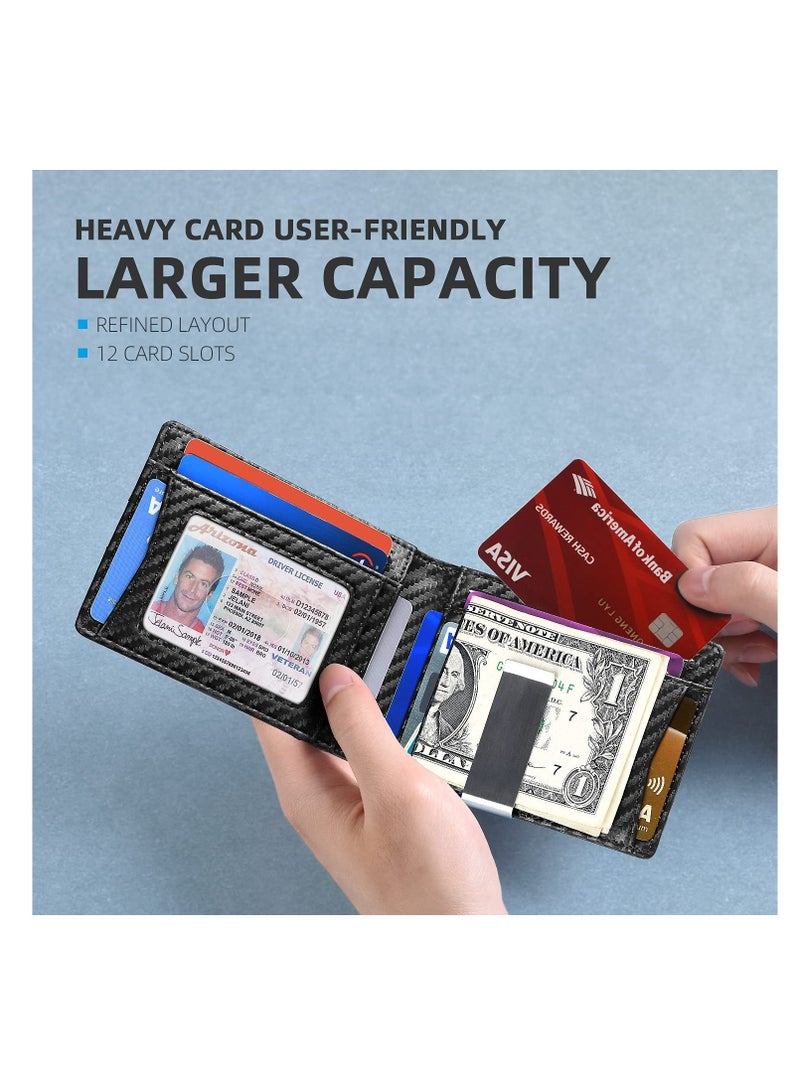 محفظة رجال رفيعة مانعة لتقنية RFID مع 12 فتحة بطاقات، تصميم جلد مزدوج بسيط، نافذة هوية، صندوق هدايا متضمن - Image 5