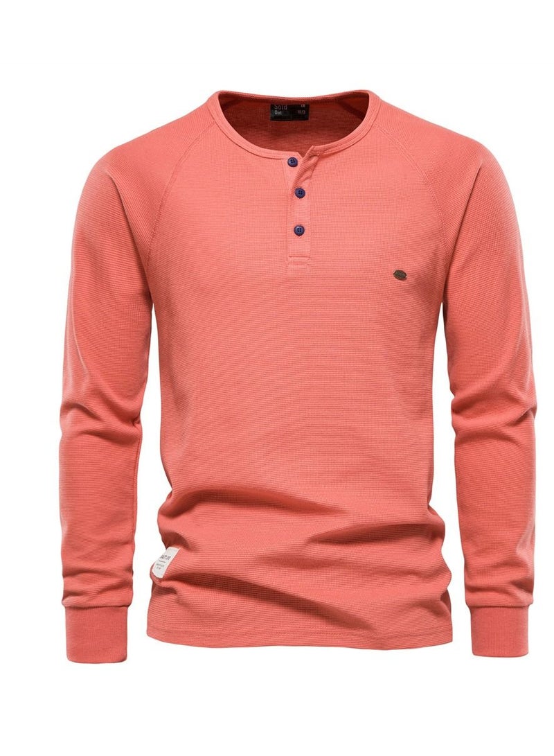 Loquat Autumn/Winter Henry Neck Long Sleeve Waffle Solid Color Men's T-shirt 