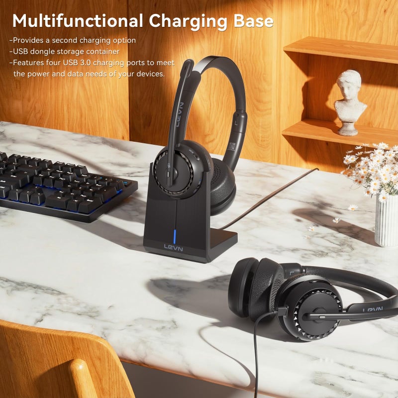 LEVN Wireless Headset, Wireless Headset with Mic for Work, AI Noise Cancelling, 65 Hrs Working Time, Bluetooth Headphones with Microphone from Computer/Call Center/Teams - Image 3