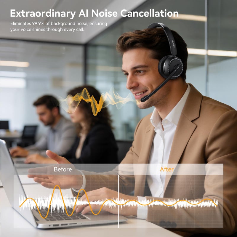LEVN Wireless Headset, Wireless Headset with Mic for Work, AI Noise Cancelling, 65 Hrs Working Time, Bluetooth Headphones with Microphone from Computer/Call Center/Teams - Image 4