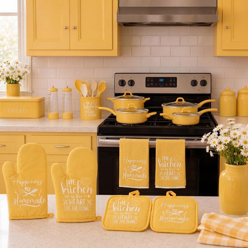 Sratte 6 Pcs Farmhouse Kitchen Towels Pot Holders Oven Mitts Set 2 Dish Towels 2 Potholders 2 Cooking Mittens Oven Glove for Baking Cooking Grilling Supply (Yellow) - Image 2