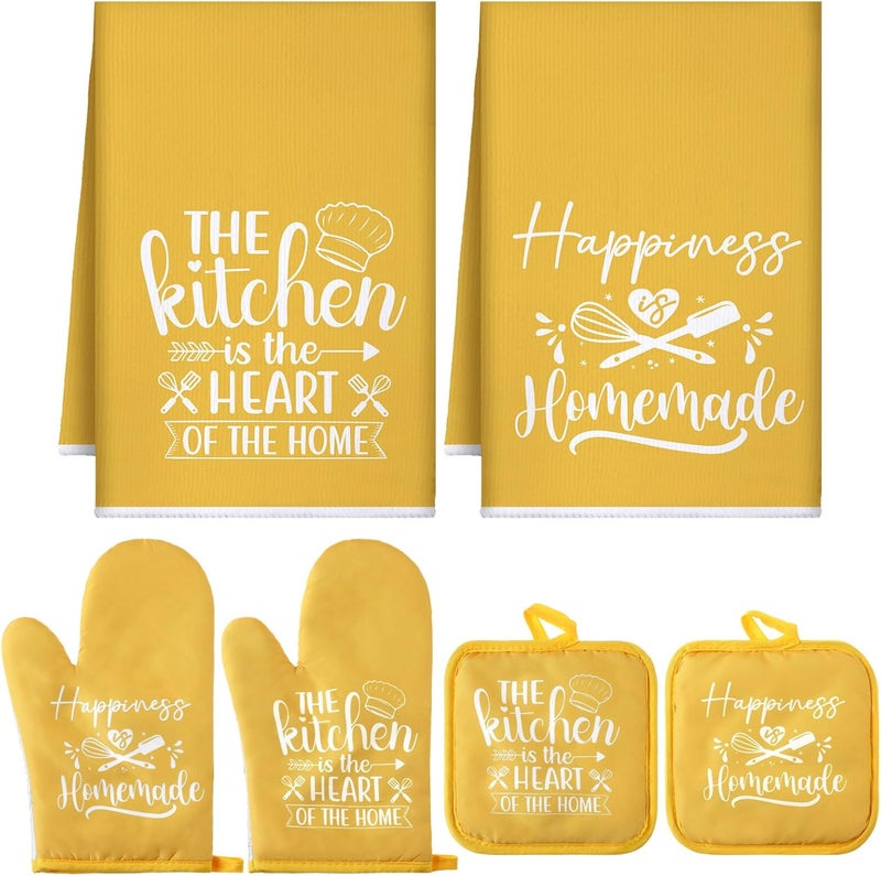 Sratte 6 Pcs Farmhouse Kitchen Towels Pot Holders Oven Mitts Set 2 Dish Towels 2 Potholders 2 Cooking Mittens Oven Glove for Baking Cooking Grilling Supply (Yellow) - Image 1