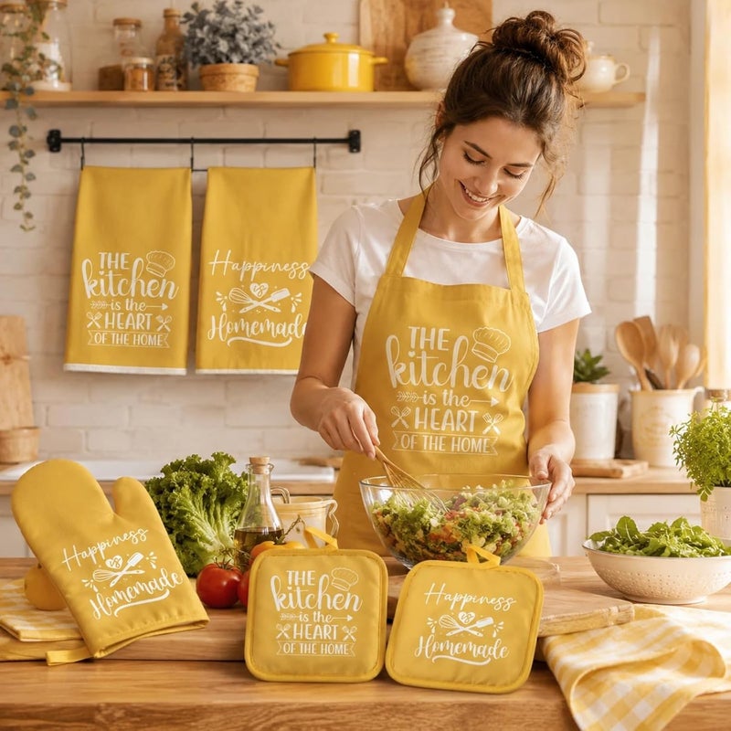 Sratte 6 Pcs Farmhouse Kitchen Towels Pot Holders Oven Mitts Set 2 Dish Towels 2 Potholders 2 Cooking Mittens Oven Glove for Baking Cooking Grilling Supply (Yellow) - Image 4