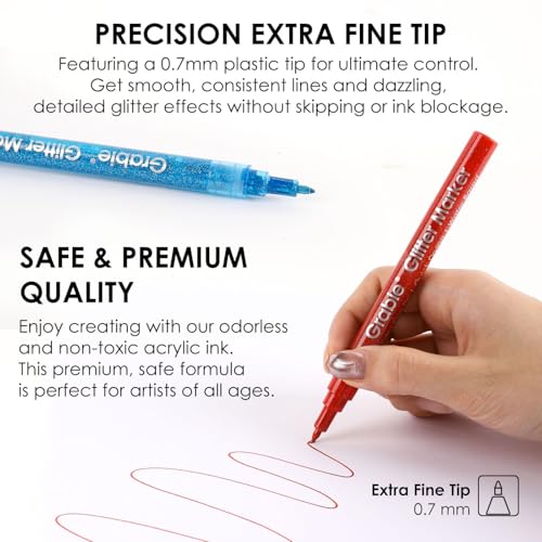 Grabie Glitter Markers, 24 Pack Extra Fine Tip Acrylic Paint Markers, Quick-Drying Water-Based Metallic Glitter Pens for Paper,Card Making, Canvas, Fabric, DIY Craft Supplies for Adult & Kids - Image 3