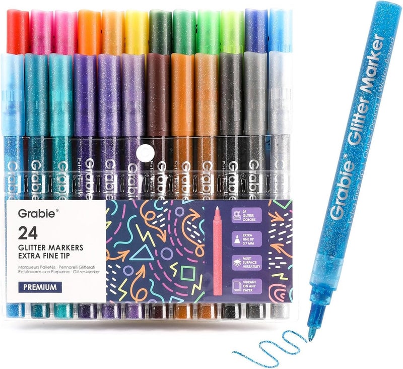 Grabie Glitter Markers, 24 Pack Extra Fine Tip Acrylic Paint Markers, Quick-Drying Water-Based Metallic Glitter Pens for Paper,Card Making, Canvas, Fabric, DIY Craft Supplies for Adult & Kids - Image 1
