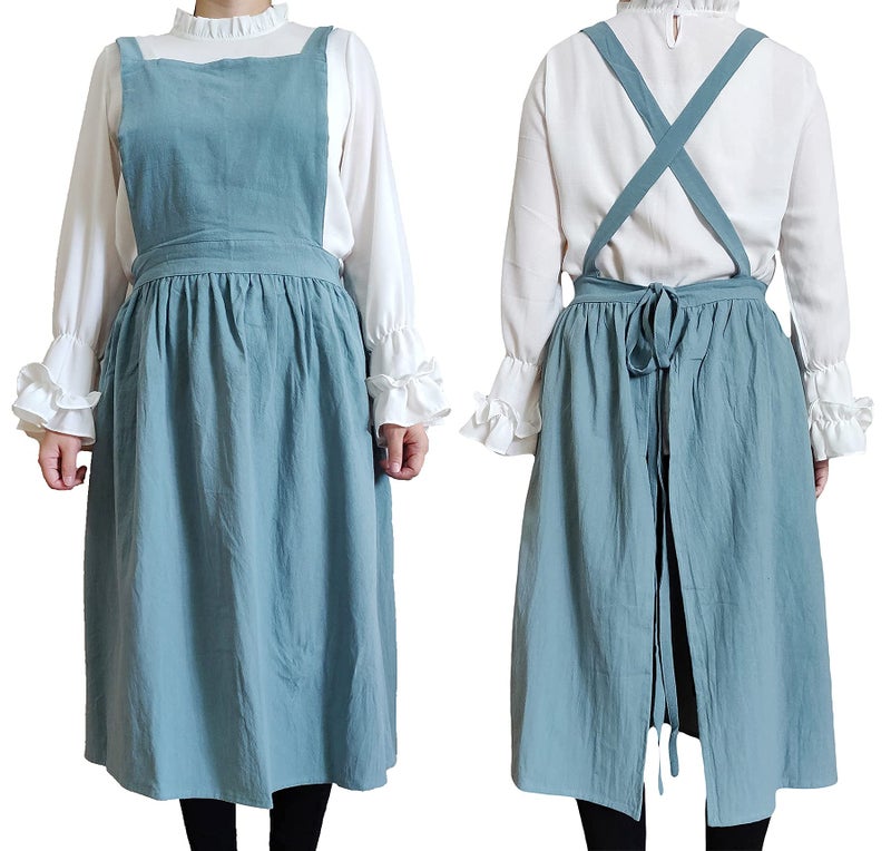 losofar Women Girls Vintage Apron Gardening Works Cross Back Pinafore Dress (green, one size) - Image 4