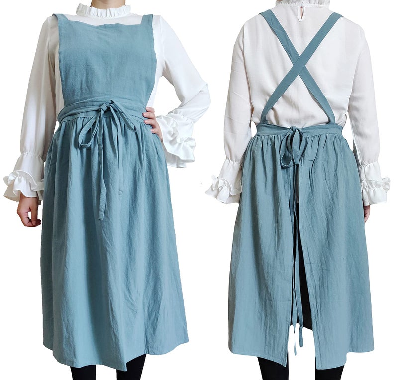 losofar Women Girls Vintage Apron Gardening Works Cross Back Pinafore Dress (green, one size) - Image 1