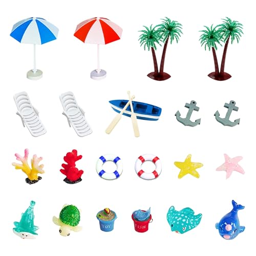 BANBALLON 21 Pieces Beach Cake Toppers Hawaiian Chair Boat Palm Tree Umbrella Dollhouse Decoration Miniature Ornament Kits Set for Swimming Pool Summer Beach Birthday - Image 5