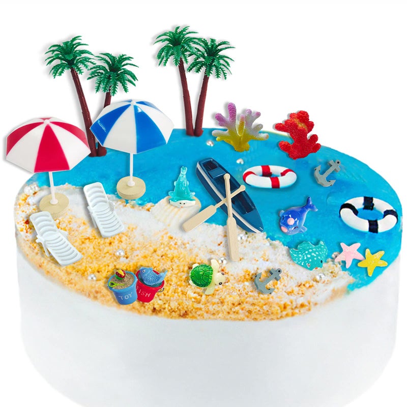 BANBALLON 21 Pieces Beach Cake Toppers Hawaiian Chair Boat Palm Tree Umbrella Dollhouse Decoration Miniature Ornament Kits Set for Swimming Pool Summer Beach Birthday - Image 3