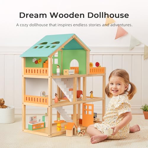 OOOK Large Wooden Dollhouse with 42 Pcs Luxurious Furniture Accessories 3Story Doll House 6 Rooms Balcony Wooden Stairs Ideal Modern Doll House for 3 Year Old - Image 5