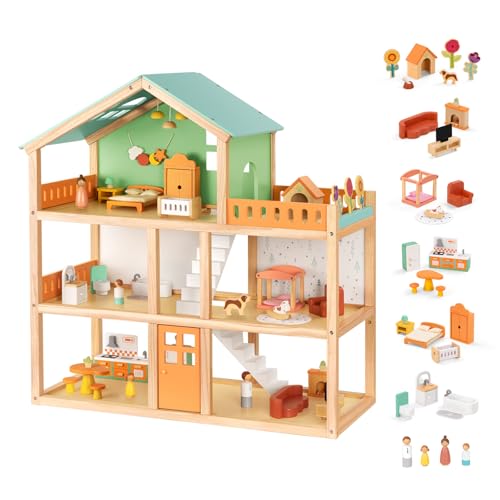 OOOK Large Wooden Dollhouse with 42 Pcs Luxurious Furniture Accessories 3Story Doll House 6 Rooms Balcony Wooden Stairs Ideal Modern Doll House for 3 Year Old - Image 1