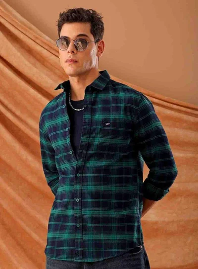 The Indian Garage Co Men Slim Fit Checkered Full Sleeves Cutaway Collar Casual Shirt