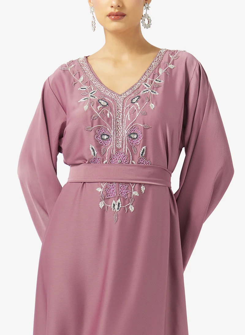 hayas closet  Floral Beaded Embroidery Work At Front Section And Belt Jalabiya for Women | Best Price UAE