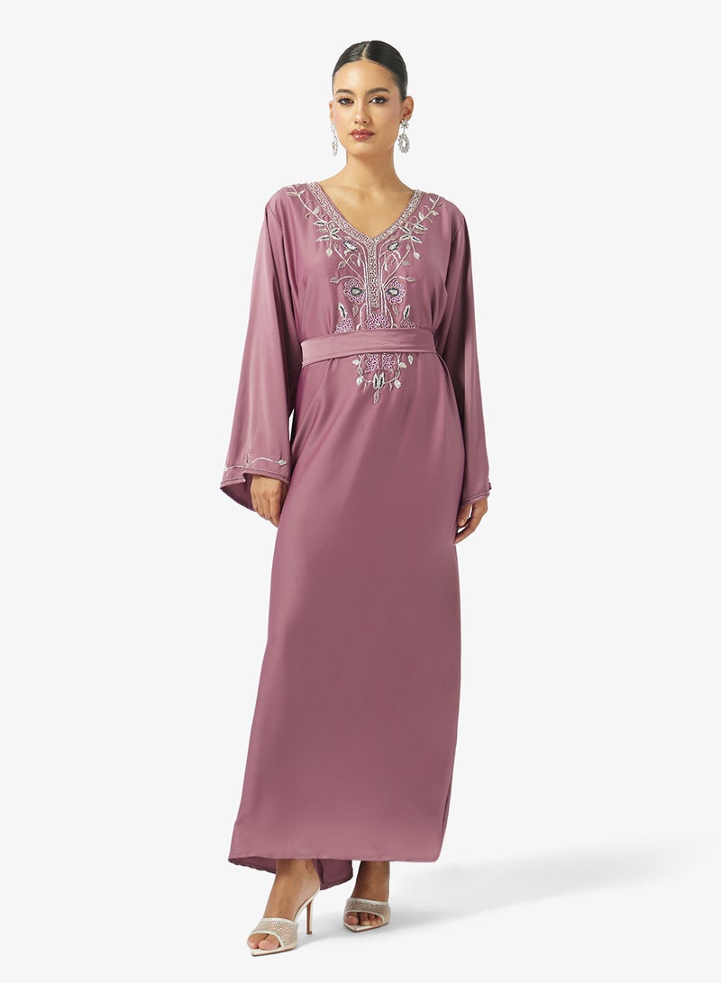 hayas closet Floral Beaded Embroidery Work At Front Section And Belt Jalabiya - Image 1