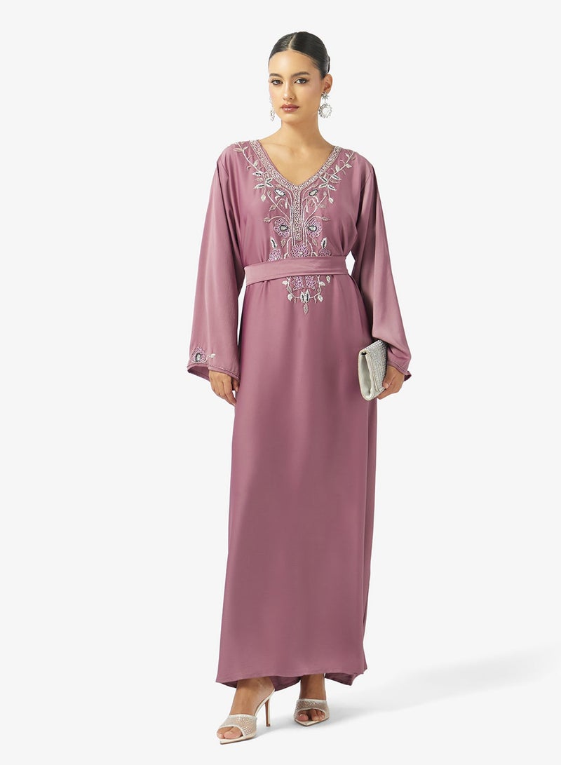 hayas closet Floral Beaded Embroidery Work At Front Section And Belt Jalabiya - Image 5