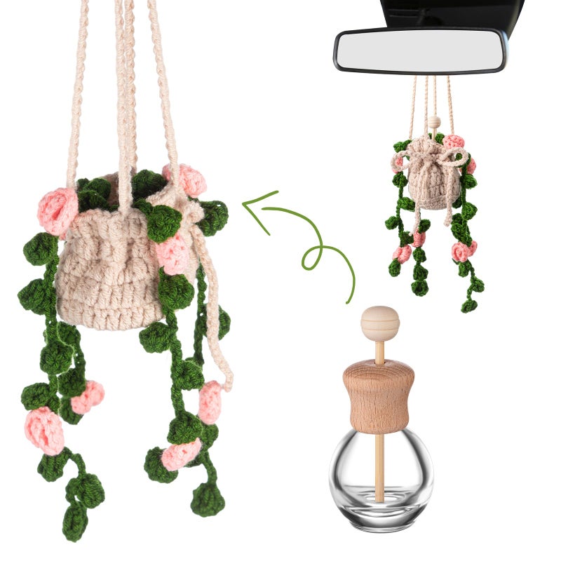 DaisyInner Cute Crochet Plant Car Freshener 12ml Empty Refillable Diffuser Bottle with Plants Hanging Accessories for Rearview Mirror Home Office Decor Women Mother's Day Gifts(Flower) - Image 1
