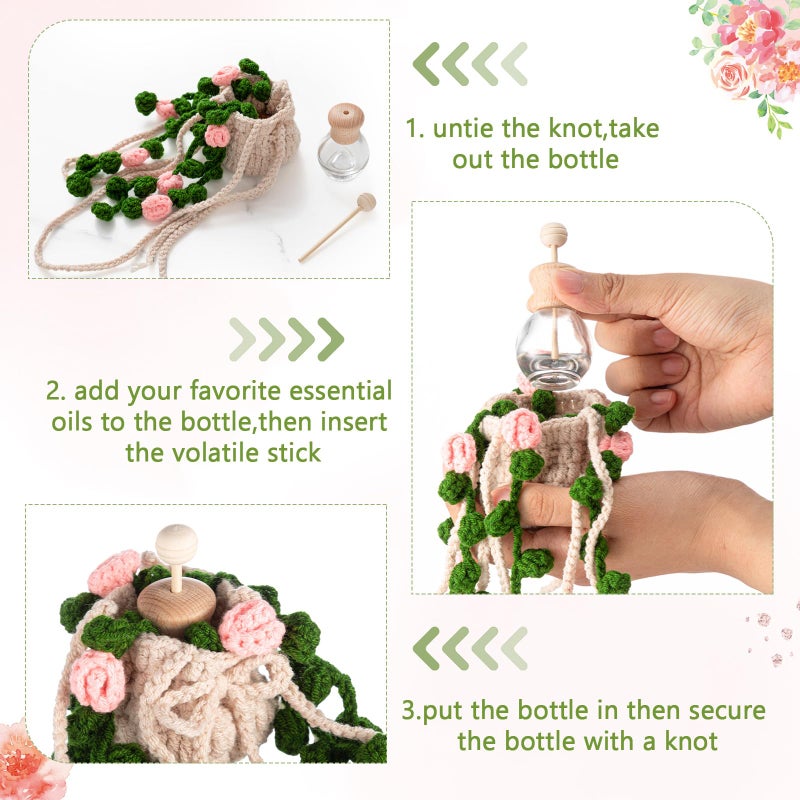 DaisyInner Cute Crochet Plant Car Freshener 12ml Empty Refillable Diffuser Bottle with Plants Hanging Accessories for Rearview Mirror Home Office Decor Women Mother's Day Gifts(Flower) - Image 4