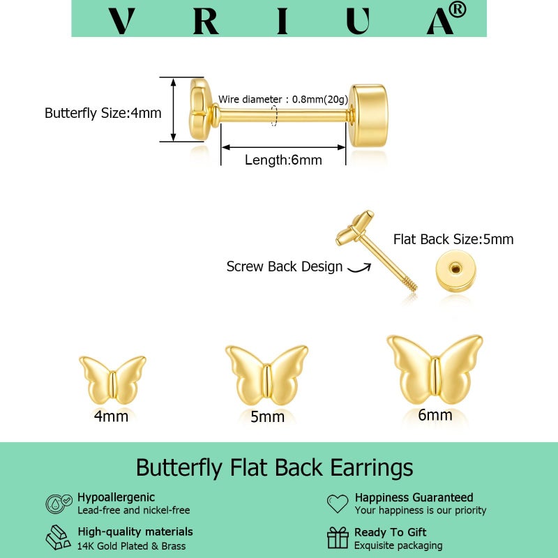 VRIUA Hypoallergenic Flat Back Earrings for Women - 14K Gold Plated Small Butterfly Flat Back Stud Earrings Cartilage Helix Piercing Jewelry - Image 4