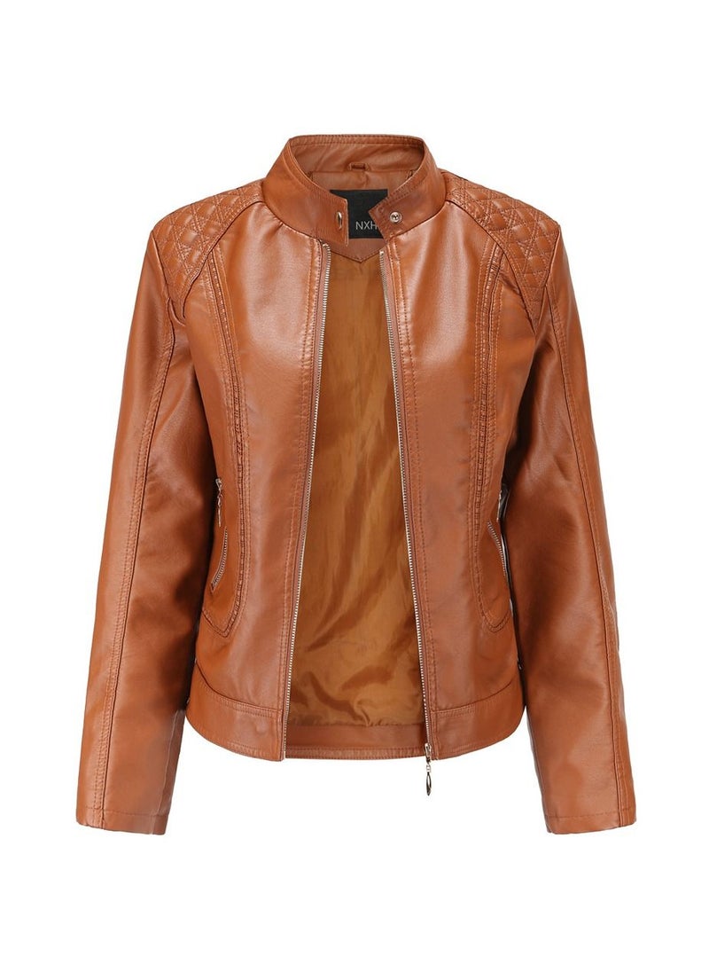 Women's Leather Jacket With Standing Collar PU Leather Jacket Brown - pzsku/ZEB5FFBB92F463FB57534Z/45/_/1691894669/7249ba28-bc19-4272-8978-e97d9a658de3