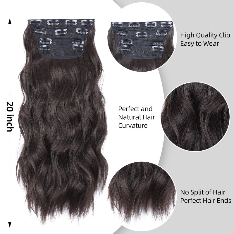 LEEONS Clip in Hair Extensions 4PCS Brown Black Thick Hair Piece 20 Inches Long Wavy Clip in Extensions Full Head Synthetic Hairpieces for Women (4pcs, 20Inch, 4#) - Image 4