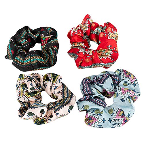 KINFENE 4 Pcs Boho Floral Prints Vivid Color Hair Scrunchies Big Pattern Hair Bobbles Elastics Ponytail Holders Hair Wrist Ties Bands Scrunchies for Sleep Show Dance Party Women Gift