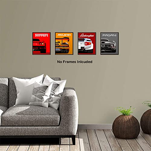 NIIORTY Modern Car Posters Classic Supercar Wall Art Prints, Cool Racing Ferrari Lamborghini McLaren Pagani Canvas Posters for Man Cave Boys Room Wall Decor, Sports Car Art Prints, Set of 4 (8"x10" Unframed) - Image 2