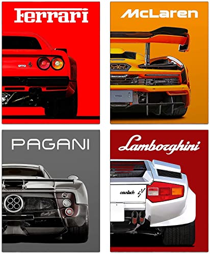 NIIORTY Modern Car Posters Classic Supercar Wall Art Prints, Cool Racing Ferrari Lamborghini McLaren Pagani Canvas Posters for Man Cave Boys Room Wall Decor, Sports Car Art Prints, Set of 4 (8"x10" Unframed) - Image 1