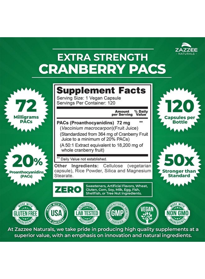 Zazzee Cranberry PACs, 72 mg PACs per Capsule, 2X Strength, 100% Soluble, 120 Vegan Capsules, 50:1 Extract, 18,200 mg Strength, Fast-Acting, Effective Urinary Tract UTI Support, Made in The USA - Image 2