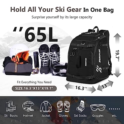 MORXPLOR Ski Boot Bag Backpack, 65L padded Ski Gear Bag & Snowboard Boot Bag,Large Capacity Waterproof Ski Travel Bag & Ski Boot Travel Backpack for Helmet,Goggles,Gloves,Skis,Snowboard Gear - Image 2