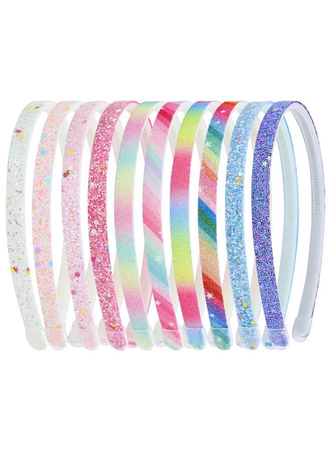 Cinaci 10 Pieces Colorful Glitter Sequin Elastic Plastic Headbands with Mini Teeth Thin Rainbow Hair Bands Accessories for Toddlers Kids Teens Girls Women - Image 1